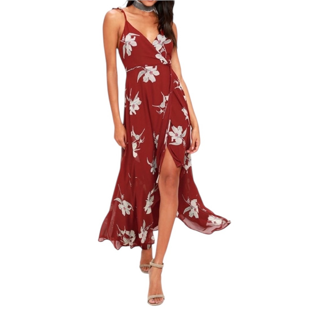Lulu's Rust Red Floral High-Low Wrap Dress